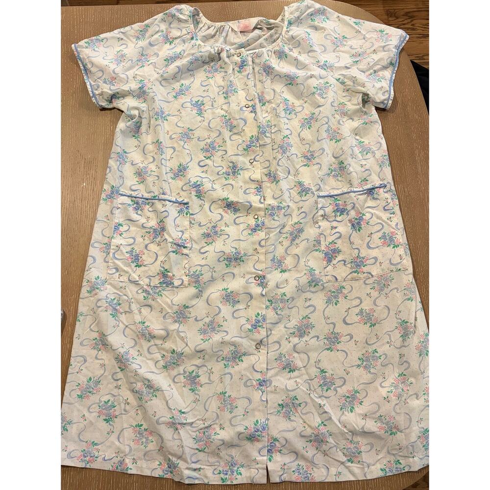 Just For‎ Women 2X Floral Print Nightgown Pearl Snap Cotton Blend Pockets White